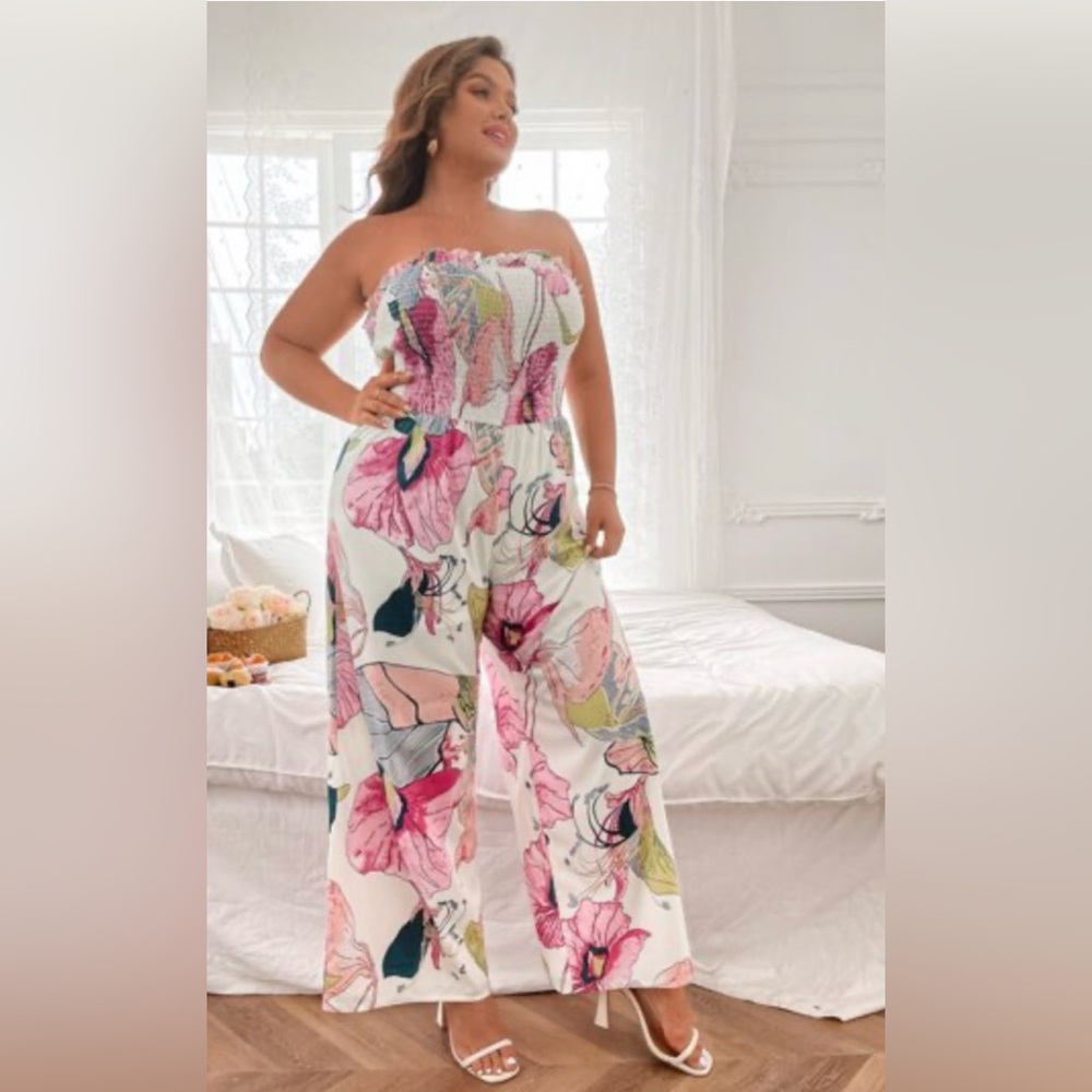SHEIN Curve 1X Plus Floral Strapless Wide-Leg Jumpsuit White Pink Floral